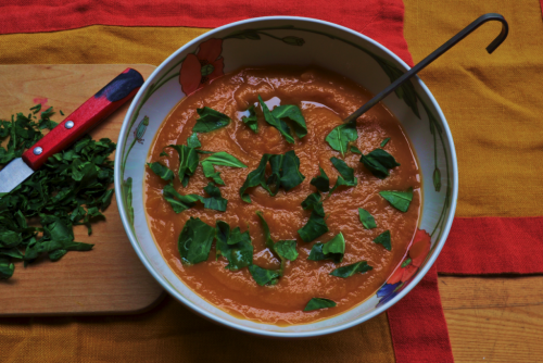 Sweet Potato with Greens and Bourbon Soup | FOODIEaholic.com #recipe #cooking #fall soup #sweetpotato #greens #bourbon