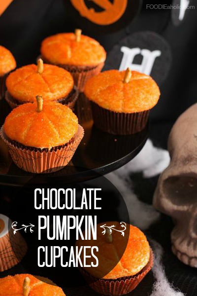 Chocolate Pumpkin Cupcakes | FOODIEaholic.com #recipe #cooking #baking #Halloween #cupcakes #chocolate #pumpkin #holiday