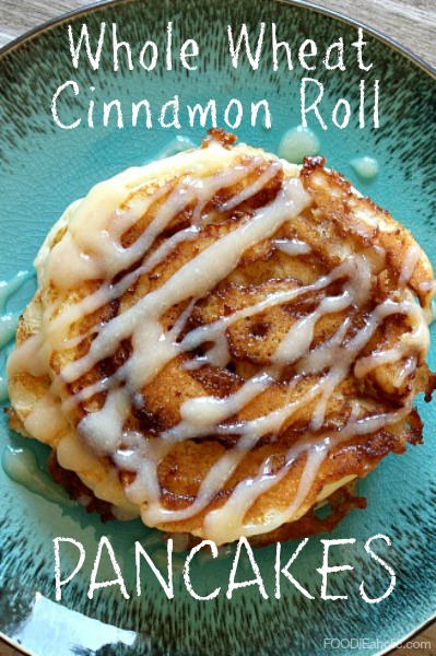 Whole Wheat Cinnamon Roll Pancakes | FOODIEaholic.com #recipe #cooking #baking #breakfast #pancakes #cinnamonroll #creamcheese #wholewheat