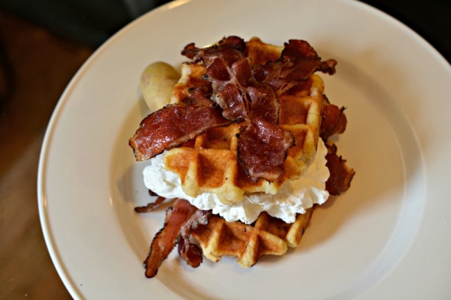 Waffles Napoleon | FOODIEaholic.com #recipe #cooking #breakfast #brunch #waffles #Napoleon #whippedcream #bacon #baconsubstitute