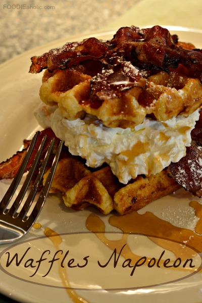 Waffles Napoleon | FOODIEaholic.com #recipe #cooking #breakfast #brunch #waffles #Napoleon #whippedcream #bacon #baconsubstitute