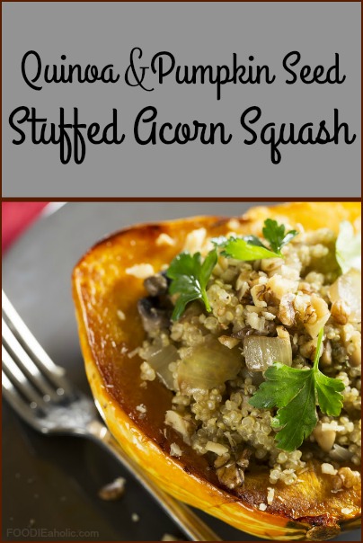 Quinoa and Pumpkin Seed Stuffed Acorn Squash | FOODIEaholic.com #recipe #cooking #Thanksgiving #holiday #healthy #diet #acornsquash #quinoa #pumpkin